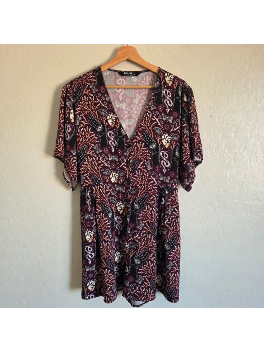Disturbia Hemlock Button Up V-Neck Romper Playsuit Maroon Womens 16 Goth Witchy
